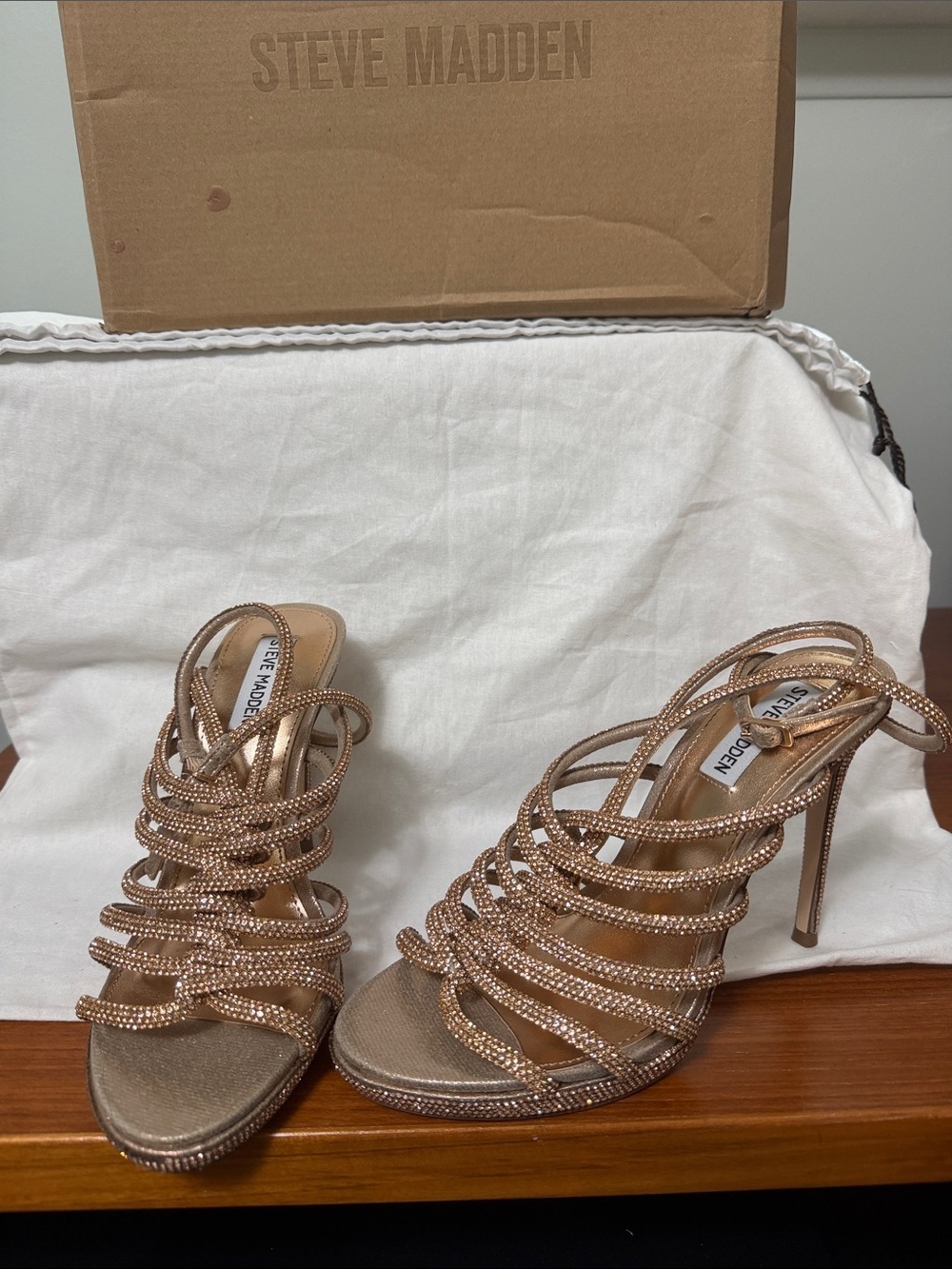 Steve Madden Rose Gold Rhinestone Strappy Stiletto Heels